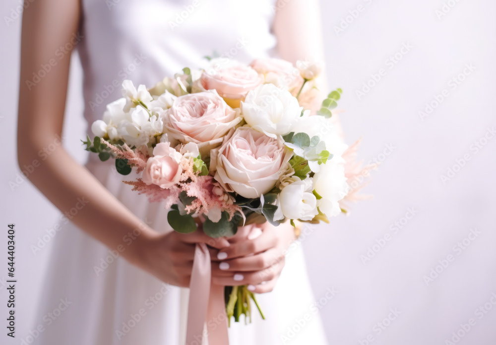 Bouquet of flowers in the hands of the bride on a white background