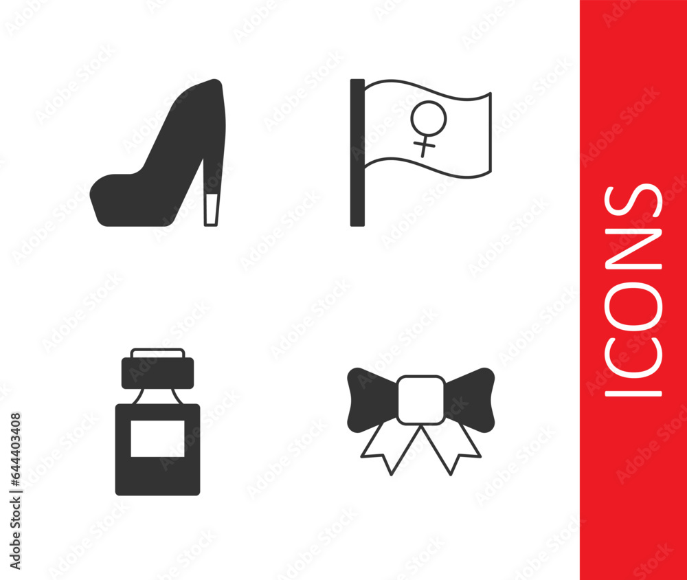 Set Gift bow, Woman shoe, Perfume and Feminist activist icon. Vector Set Gift bow, Woman shoe, Perfume and Feminist activist icon. Vector