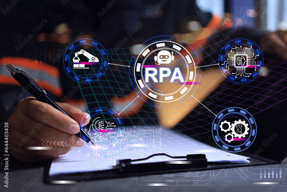 Obraz premium Robotic process automation, Mechanical technology engineer is design and setup RPA system support factory service provider industry 4.0 with precision machine for efficiency productivity high quality.