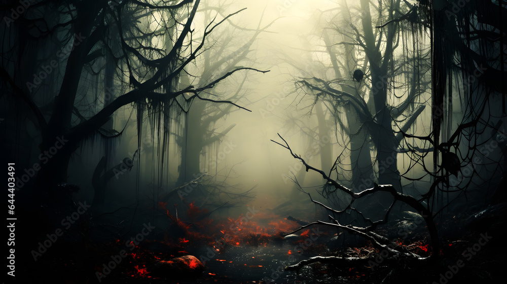 Deep and spooky forest with fog in halloween night