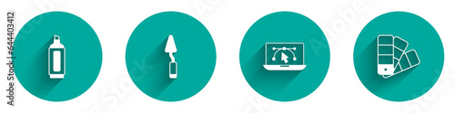 Set Marker pen, Palette knife, Computer with design program and Color palette guide icon with long shadow. Vector