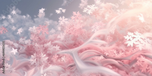 Abstract winter soft pink background with macro snowflakes. 