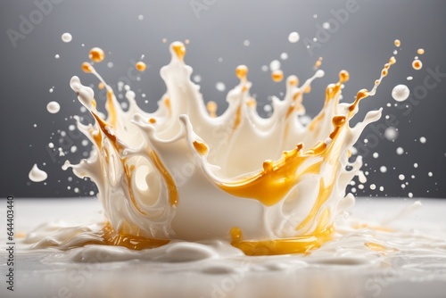 Splash of milk and drops of caramel on a white background.
