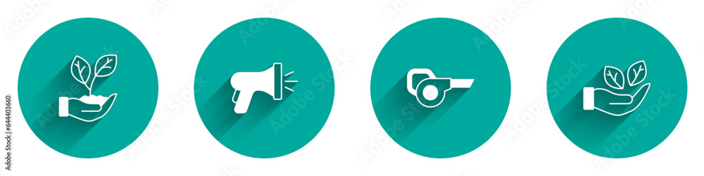 Set Leaf in hand, Garden hose, garden blower and icon with long shadow. Vector Set Leaf in hand, Garden hose, garden blower and icon with long shadow. Vector