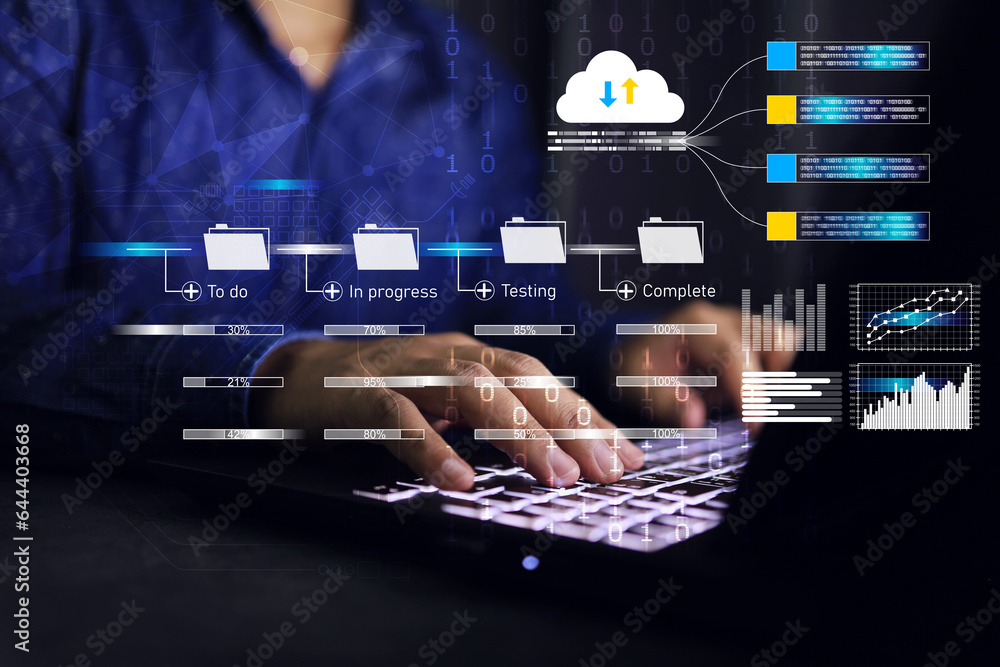 Businessman developer working on cloud data management kanban board ...