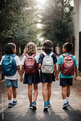 Group of young children walking together in friendship, embodying the back-to-school concept on their first day of school. Image created using artificial intelligence.