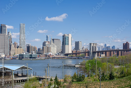 pier 1 salt marsh and panorama of Manhattan and brooklyn bridge across the East River from Brooklyn © Alevtina