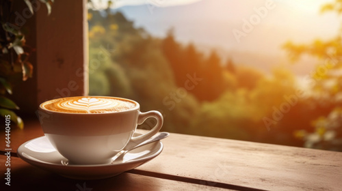 Coffee with latte on the background of a window with a beautiful autumn view