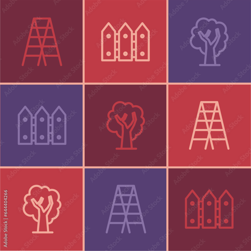 Set line Wooden staircase, Tree and Garden fence wooden icon. Vector Set line Wooden staircase, Tree and Garden fence wooden icon. Vector