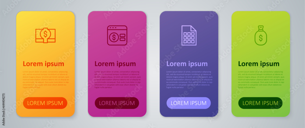 Set line Lottery ticket, Money bag, Stacks paper money cash and Online poker table game. Business infographic template. Vector Set line Lottery ticket, Money bag, Stacks paper money cash and Online poker table game. Business infographic template. Vector