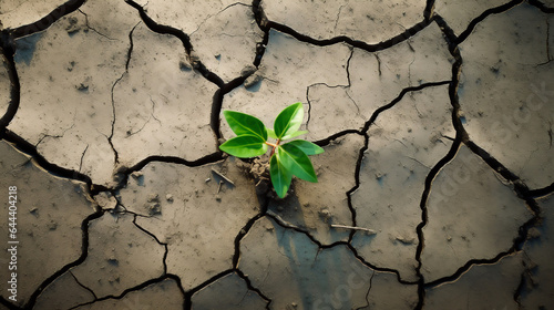 Green plant growing in soil. Drought. Background with cracked earth and sprout green plant