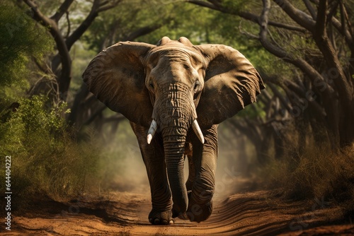 Adult African Elephants walks along path through jungle