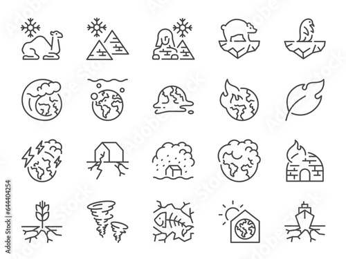 Climate change icon set. It included global warming, earth, heat, social issues and more icons. Editable Vector Stroke.
