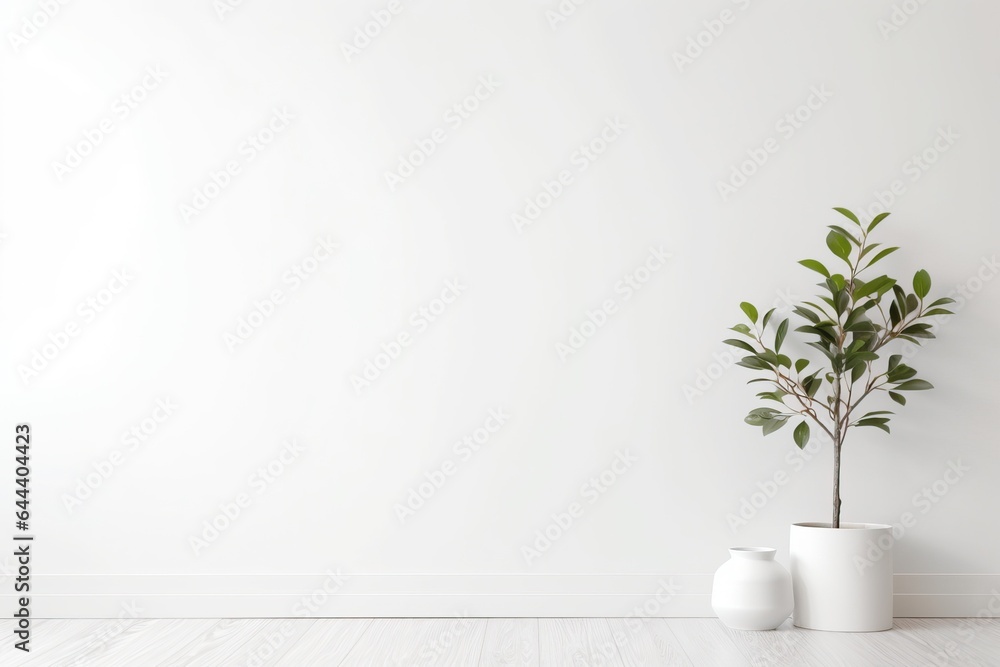 White empty minimalist room interior with vases on a wooden floor, decor on a large wall. Background interior. Home nordic interior.