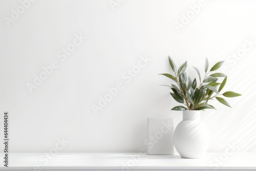 Mockup of empty wall with a plant in a vase on a shelf with white background. Simple, neutral and minimalist room decoration.