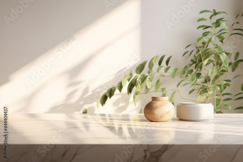 A room with a marble surface with vases and warm sunlight, shadows of leaves on the wall.