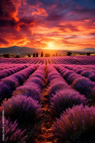 landscape of a calm sunset over lavender fields.