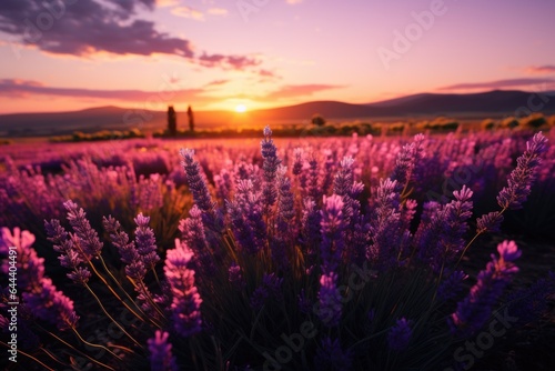landscape of a calm sunset over lavender fields.