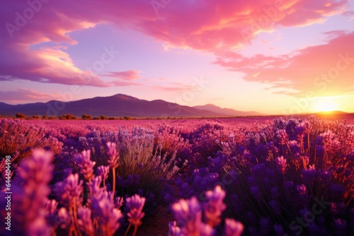 landscape of a calm sunset over lavender fields.