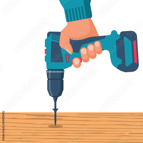 Screwdriver in hands of men. Tightening the screw in wood panel. Electric screwdriver in hand. Home renovation equipment. Tools of the handyman. Vector illustration flat design.