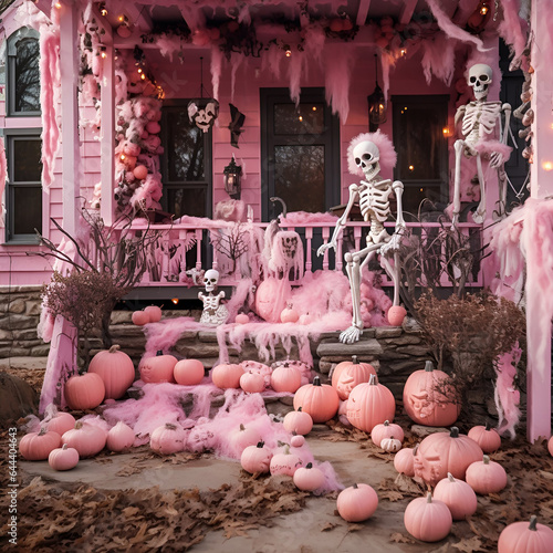 Pink cottage with Halloween decorations in pink tones. photo