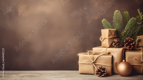Christmas eco friendly packaging gifts with kraft paper on a wooden table, eco christmas holiday concept, eco decor , zero waste, copy space. Boxing day