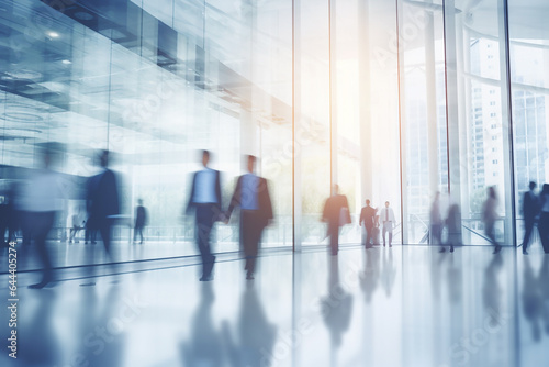 People in suits walking in the tall building. Business center.