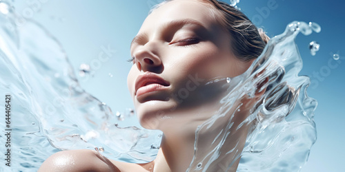A young woman's close-up face submerged underwater, experiencing the pleasure and serenity of the clear blue sea. Rejuvenation and skincare, for beauty and wellness content.