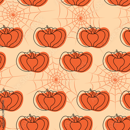 Orange Seamless pumpkin pattern with spider web. halloween patterns in line art