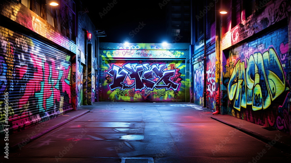 Urban Alleyway Graffiti Photoshoot : Embracing Neon-Lit Aesthetics   Ideal for Vibrant Stage Backdrops