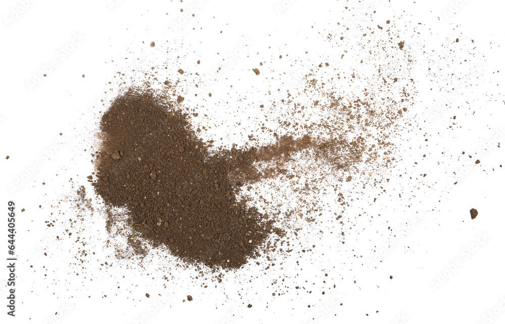 Soil, dirt scattered isolated on white background and texture, top view Soil, dirt scattered isolated on white background and texture, top view