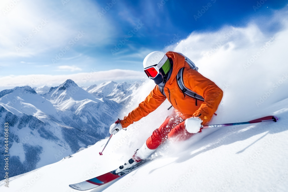 Skier skiing downhill in high mountains on a sunny day. Ski resort with snow at winter.