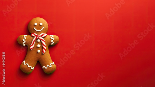 Christmas banner, gingerbread man on red background with copy space at Christmastime. Tradition of Happy Christmas. Joyful celebrations with festive joy and sweet treats. flat lay, top view