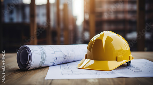 Construction house. Repair work. Drawings for building and yellow helmet on the background of a construction site. photo