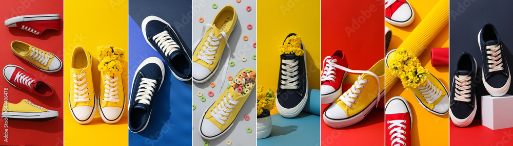 A collage of photos of versatile colored sneakers. A collage of photos of versatile colored sneakers.