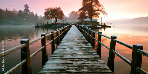 Fototapeta A wooden footbridge leads to a solitary island on the lake, a beautiful landscap