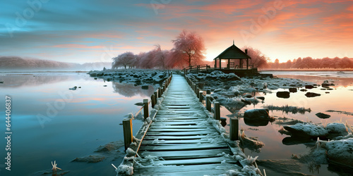 Fotografia, Obraz A wooden footbridge leads to a solitary island on the lake, a beautiful landscap
