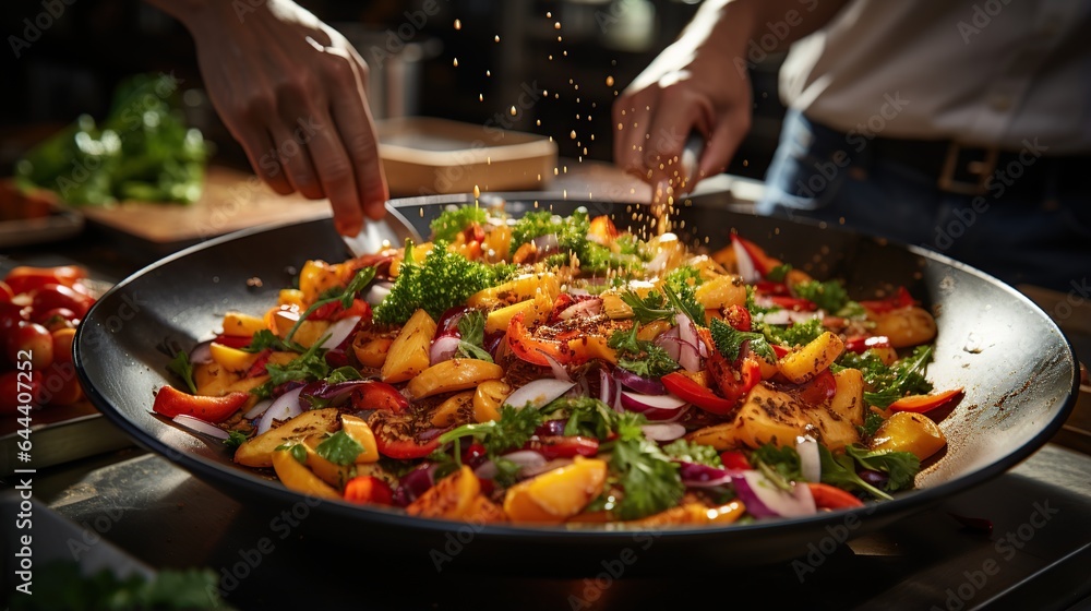 Chef is stirring vegetables in wok at kitchen