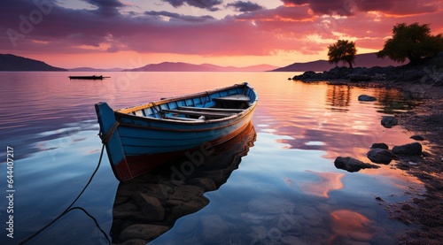 boat parked on the river at sunset