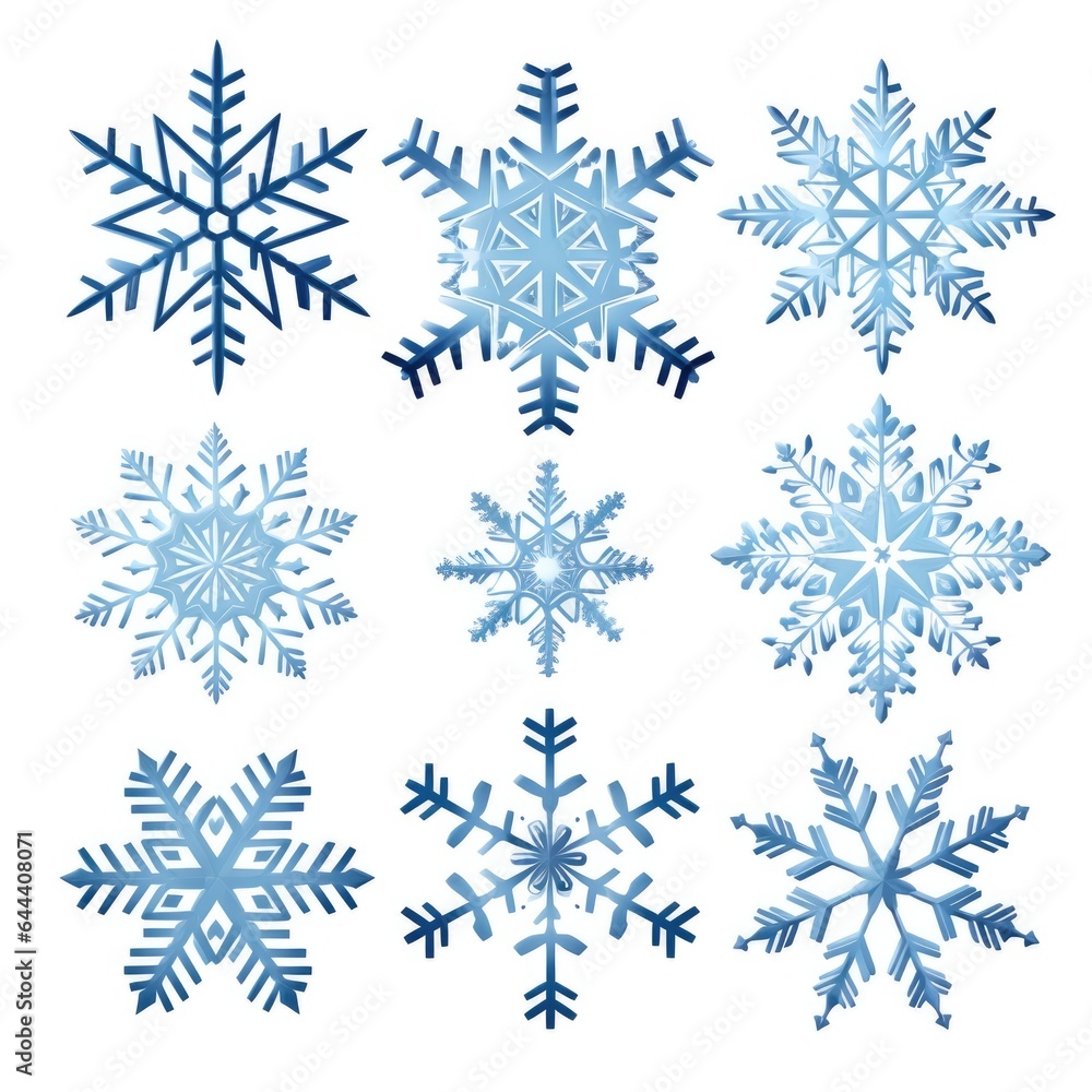 Collection of beautiful painted snowflakes on white bacground