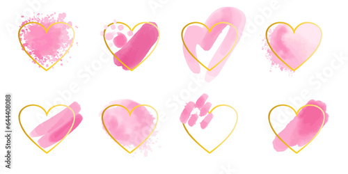 Watercolor frame. Pink brush strokes, golden heart figures, splash texture. Pink pastel colors. Wedding, valentine or birthday cards decor. Abstract paint stains. Decorative vector set