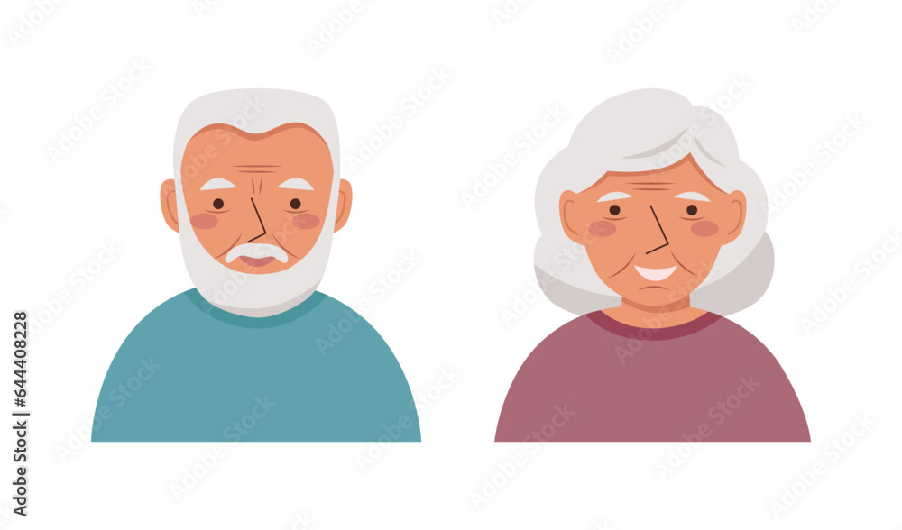 Elderly man and woman avatars in the flat style. Portraits of elderly man and woman. Grandmother and grandfather. Parents. Grandparents.
Elderly man and woman avatars in the flat style. Portraits of elderly man and woman. Grandmother and grandfather. Parents. Grandparents.