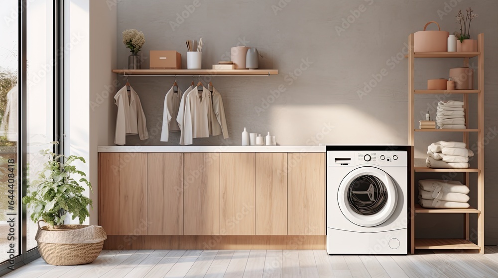 Interior of modern laundry room with washing machine, basket and towels - obrazy, fototapety, plakaty 