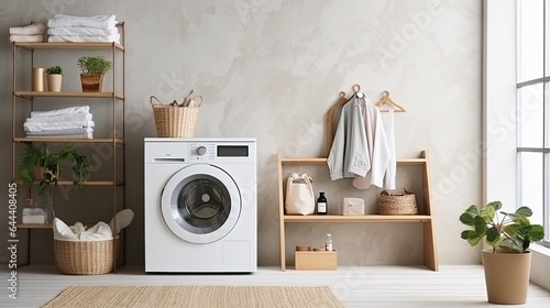 Interior of modern laundry room with washing machine, basket and towels
