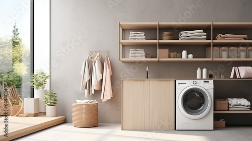 Interior of modern laundry room with washing machine, basket and towels © ttonaorh