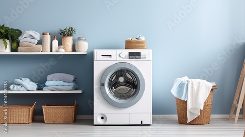 Interior of modern laundry room with washing machine, basket and towels