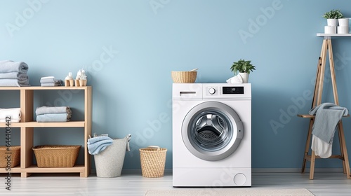 Interior of modern laundry room with washing machine, basket and towels