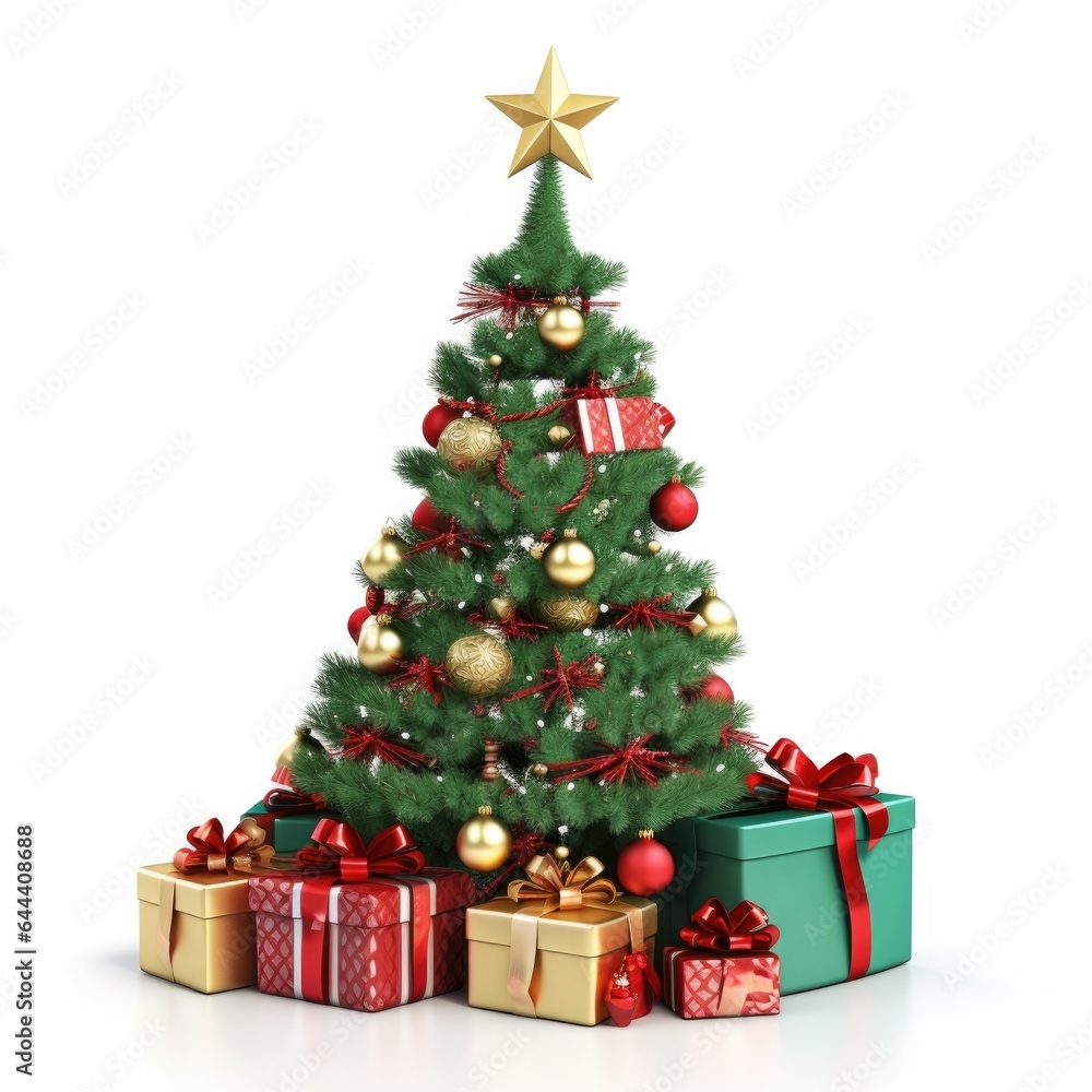 Christmas tree with gift boxes with bows isolated on white background, illustration drawn cartoon style. Presents for Christmas or New Year. Christmas tree with gift boxes with bows isolated on white background, illustration drawn cartoon style. Presents for Christmas or New Year.