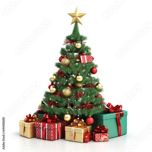 Christmas tree with gift boxes with bows isolated on white background, illustration drawn cartoon style. Presents for Christmas or New Year.