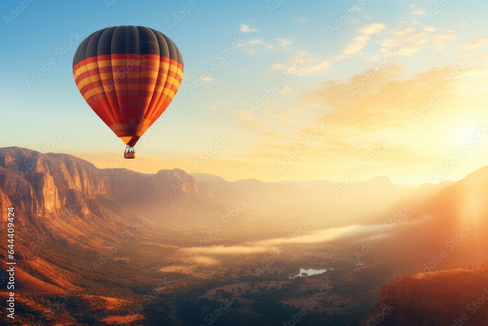 Fototapeta premium landscape, Silhouette of a hot air balloon soaring gracefully against the backdrop of sunset